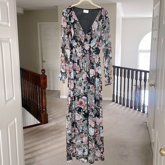 Everly Floral Surplice Maxi Dress | Long Sleeve Flowy Boho | Size L - Picture 5 of 9